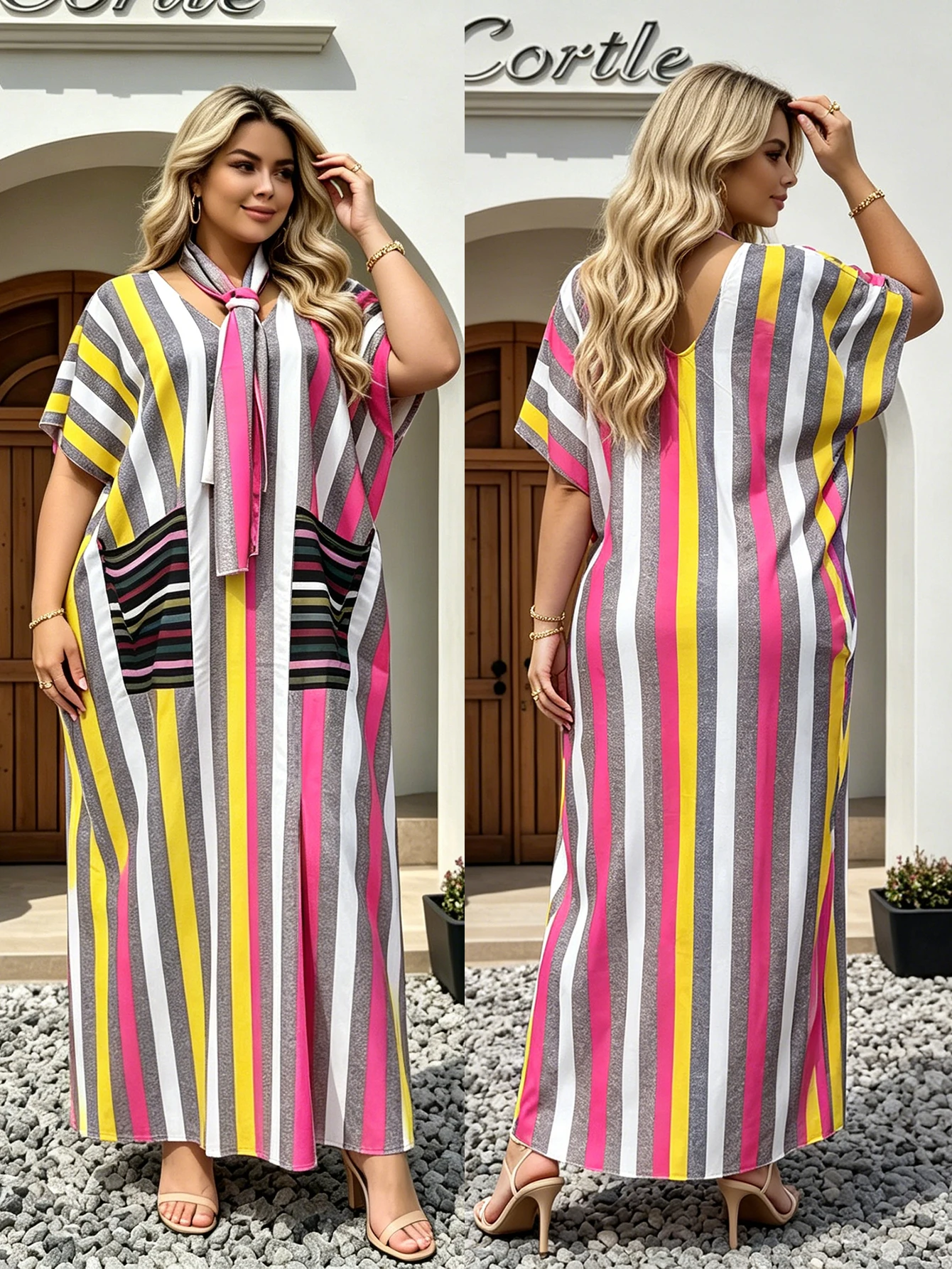 Plus Size African-Style Long Dress Polyester Stripes Color-Block Maxi Gown Women's Ethnic Fashion Outerwear