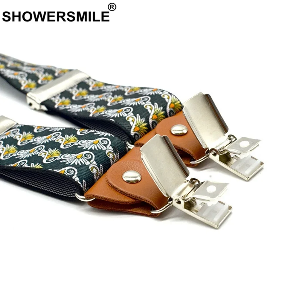 SHOWERSMILE Print Suspender Pants Men Floral Navy Male Brace With Leather 3 Clips Y Back Adjustable Adult Suspenders 120cm*3.5cm