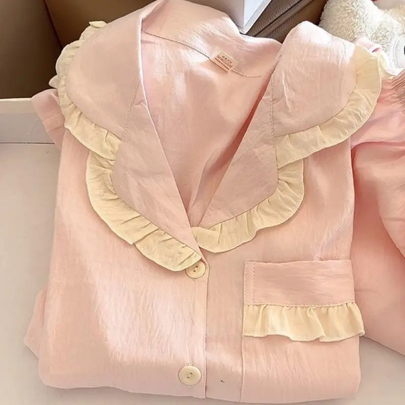 Women's Lace V-Neck Pullover Long Sleeved Long Pant Home Suit Set for Girls In Spring Autumn New Pajamas for Women Two-Piece Set