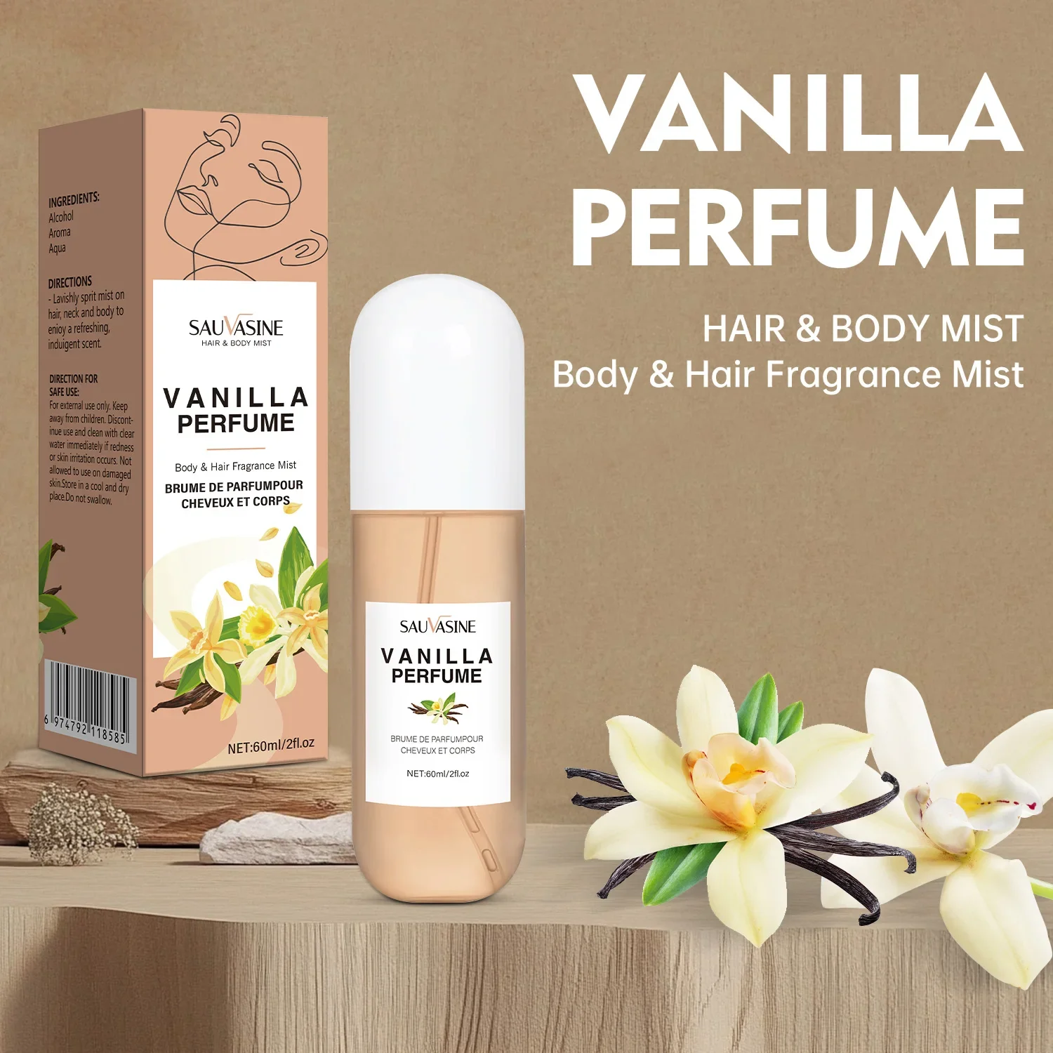 Vanilla Skin Body Mist Vanilla Skin Perfume Hair and Body Mist for Women & Men Long-Lasting Fragrance Body Spray(2.03Fl Oz)