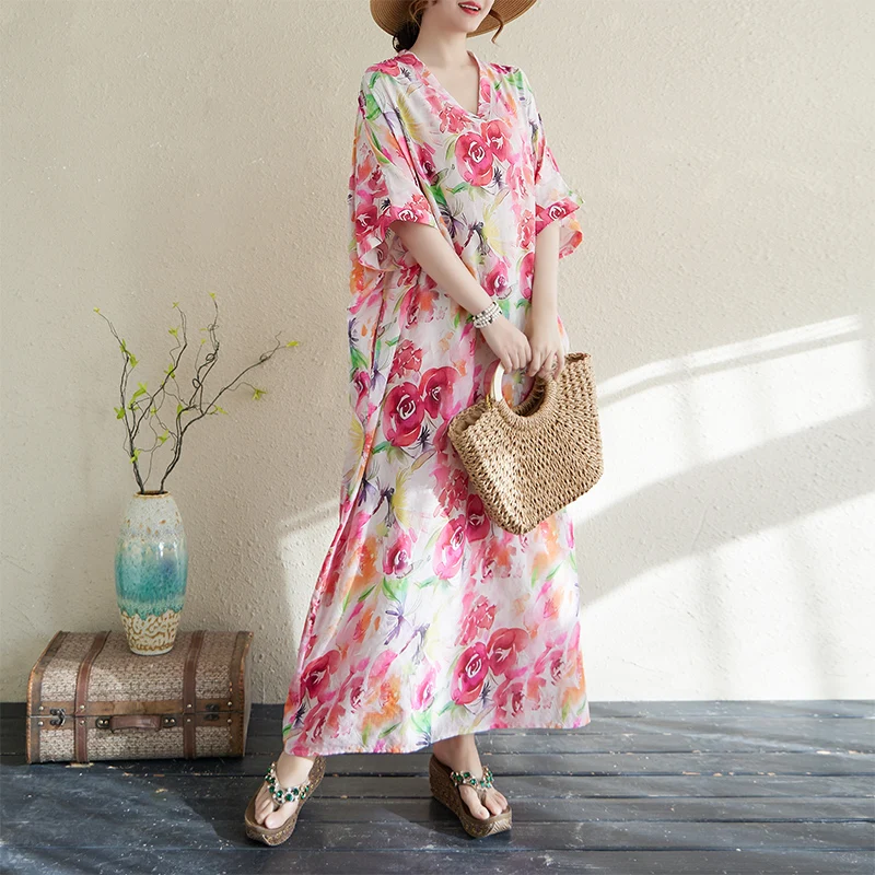 Robe d'été longue en coton et chanvre pour femmes, imprimée, Style vacances, col en v, manches courtes, rétro, grande taille, A395, 2025