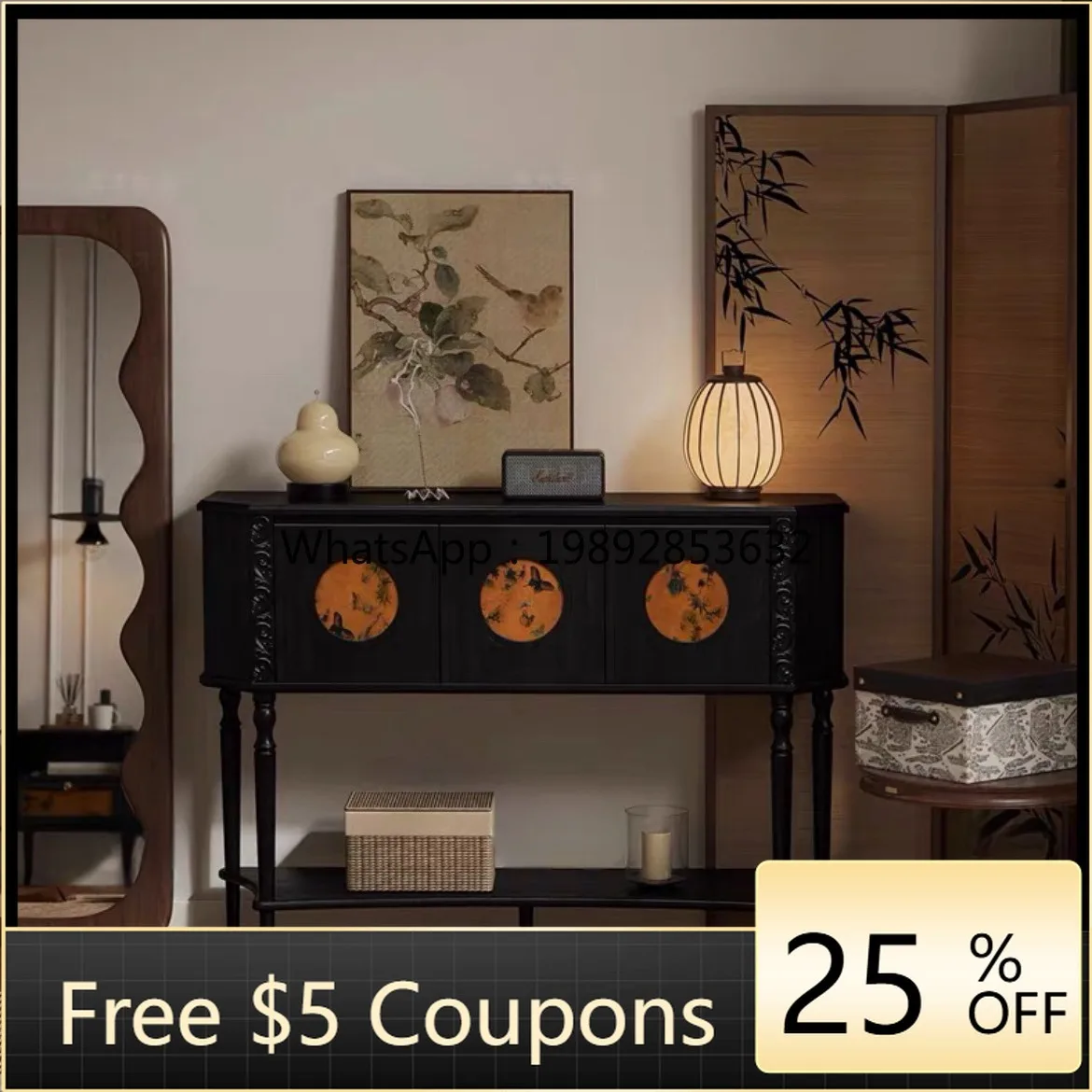 

LYY French Style Solid Wood Vintage Entryway Living Room Wall Cabinet Antique Style Black Xiangyun Sha Entryway Table Decoration