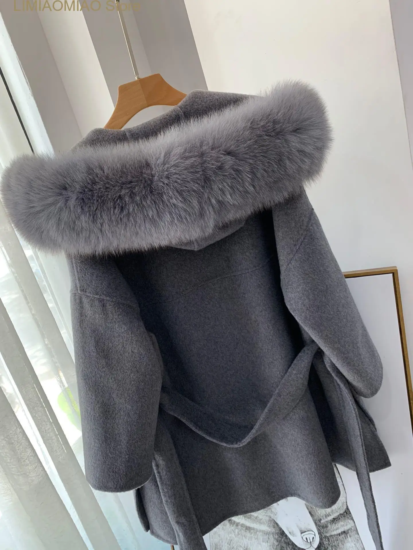 New European luxurious Women real Cashmere fur wool blends coats Real Fox Fur Hooded winter woolen Outerwear Casacos pele