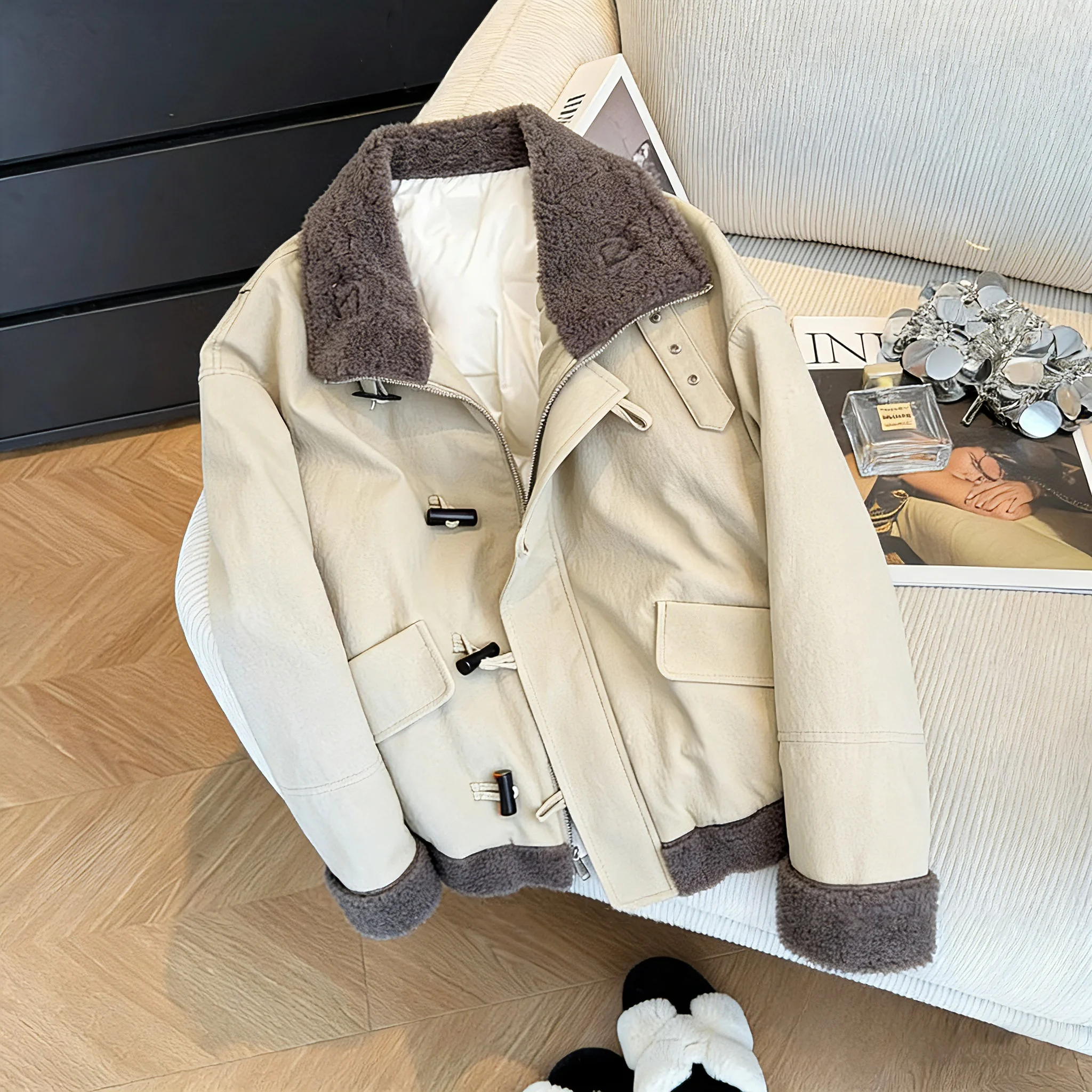 

Retro Korean Sle Fluffy Patchwork Parka Cotton Jaet Loose Women's Faionable Lazy Autumn Winter Outerwear Coat