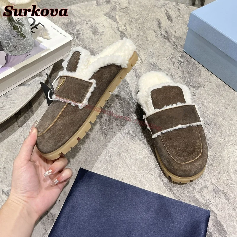 Autumn And Winter Genuine Leather Wool Slippers Round Toe Non-Slip Warm Flat Loafers Fashion Casual Luxury Slippers For Women