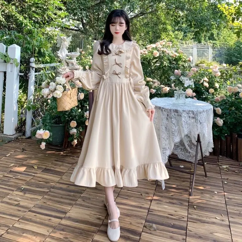 Dresses Women Peter Pan Collar Vintage Preppy Style Sweet Ruffles Temperament Korean  Midi Female Autumn New Fashion Tender