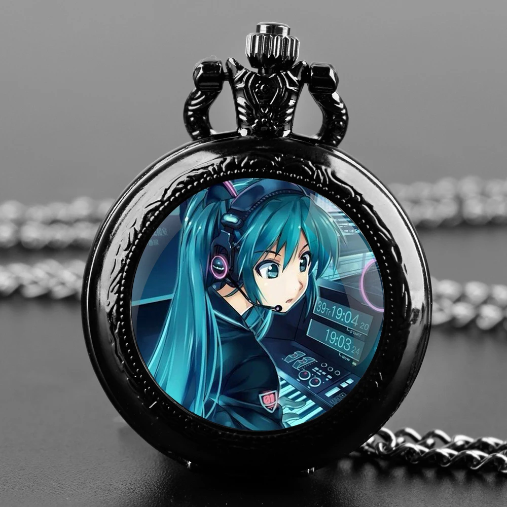 Jam tangan saku Quartz kubah kaca Anime Miku baru untuk wanita pria kalung hitam liontin unik jam rantai jam Aksesori Hadiah