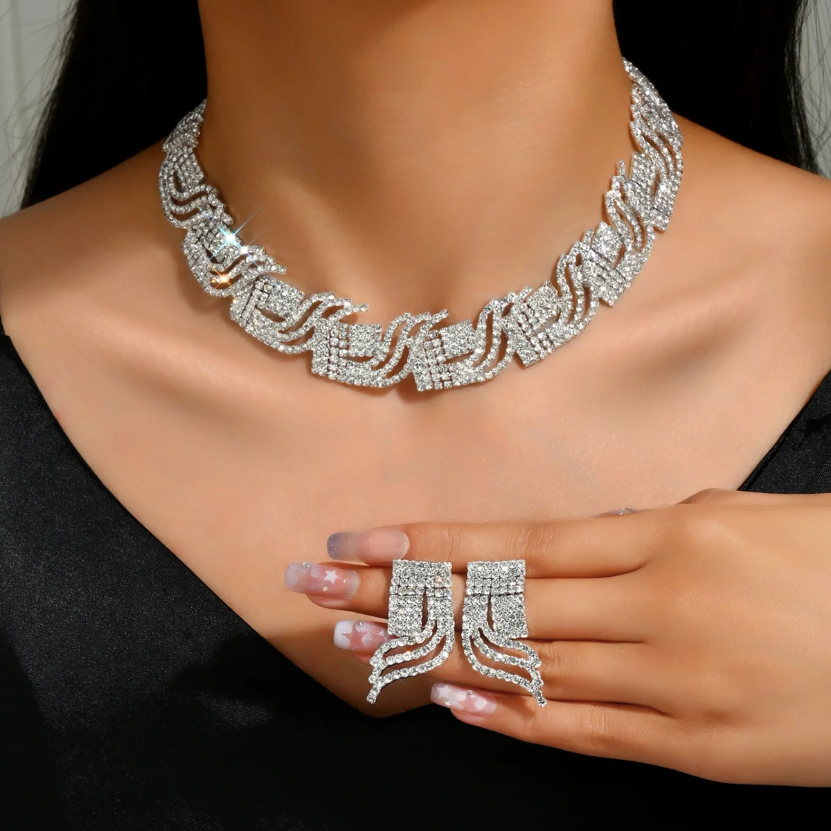 

Glamorous Cubic Zirconia Wave Statement Jewelry Set, Silver Tone Choker Dangle Earrings for Evening Party Bridal