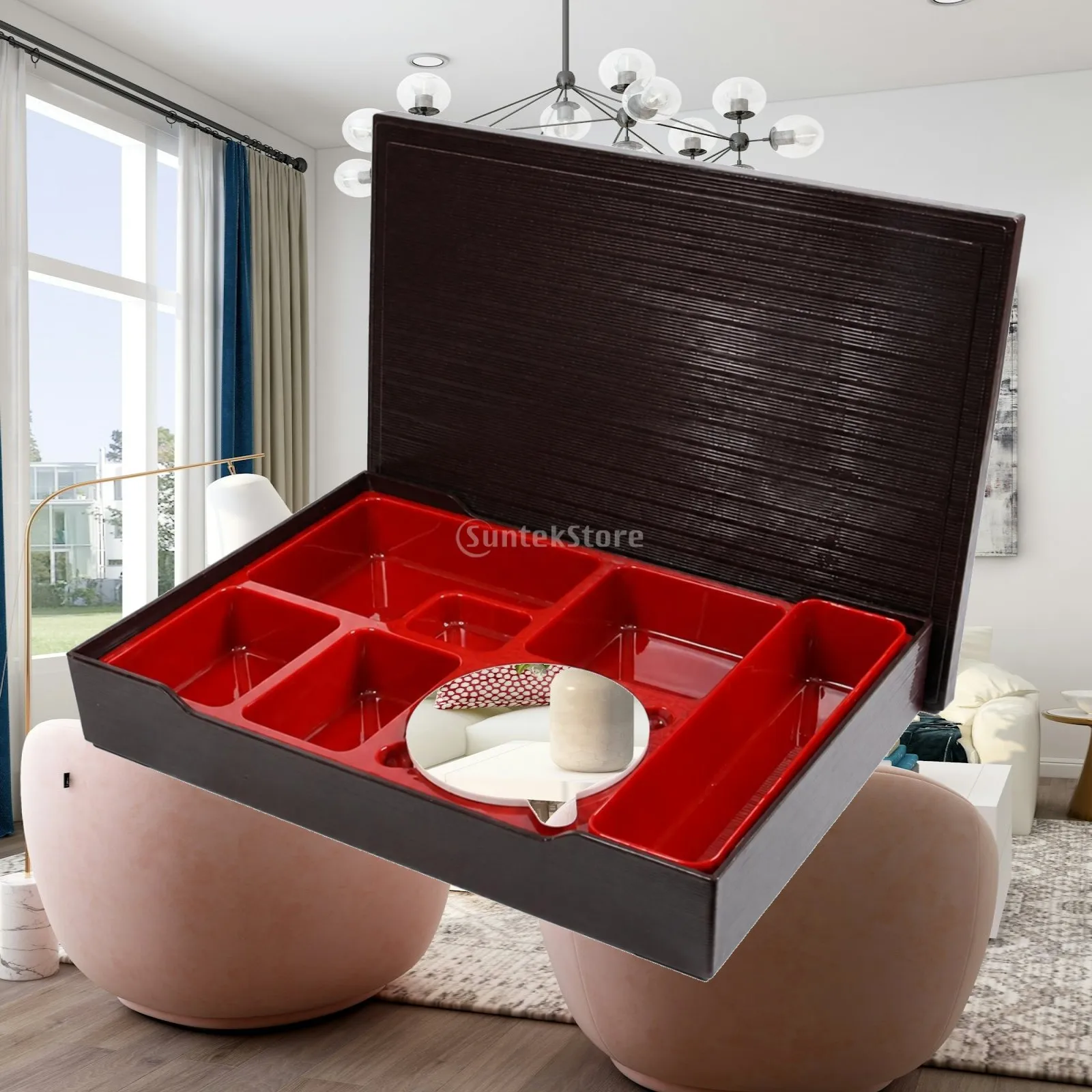 Divided Lunch Box Japanese Rice Container for Sushi and Side Dishes with 5 Section Tray and Chopstick Slot for Adults Kids