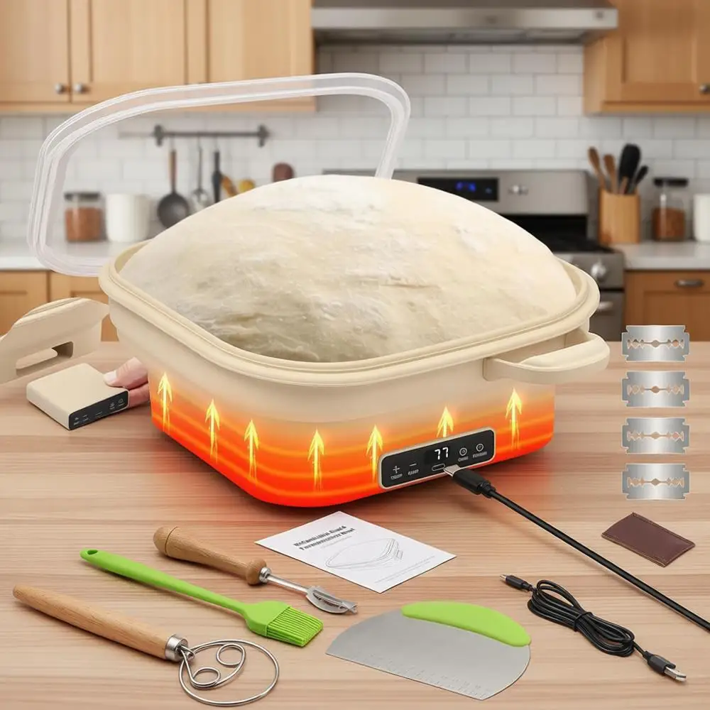 Upgraded Electric Silicone Banneton Set for Sourdough Bread Proofing, 8.7 Square Collapsible Proofing Bowl