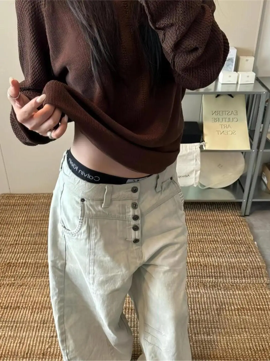 

American Sle Hand Sewn Button Detailing Jeans Men Women Autumn Winter Vintage Sexy Lazy Sle Knife Long Pants