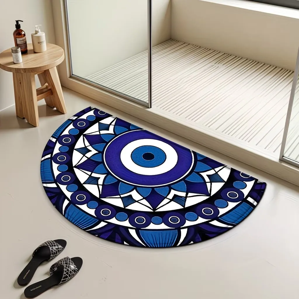 Bohemian Evil Eye Half Moon Rug Mediterranean Style Welcome Mat Anti-Slip Entrance Doormat Creative Half Round Floor Decor