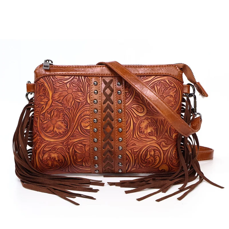 

Western Bohemian Style Tassel Messenger Bag Embossed Mobile Phone Bag Autumn Women2024High-Grade Shoulder Bag