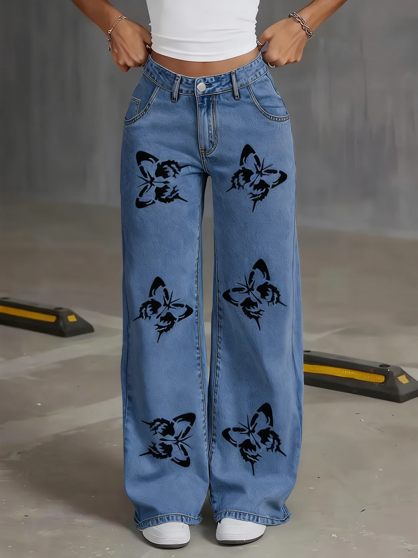 

Прямые джинсы больших размеров с высокой талией, женские модные эластичные узкие джинсы с узором бабочки