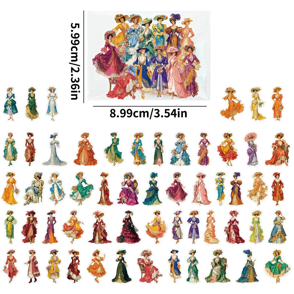 56Pcs Victorian Lady PET Stickers - Transparent Gorgeous Long Dress Decals for DIY Decor & Craft Embellishment AnimeWorlds Store