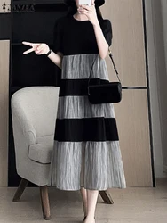 ZANZEA Color Block O Neck Midi Dress Short Puff Sleeve Elegant Korean Fashion Crinkled Dresses Women Tiered A-line Vestidos