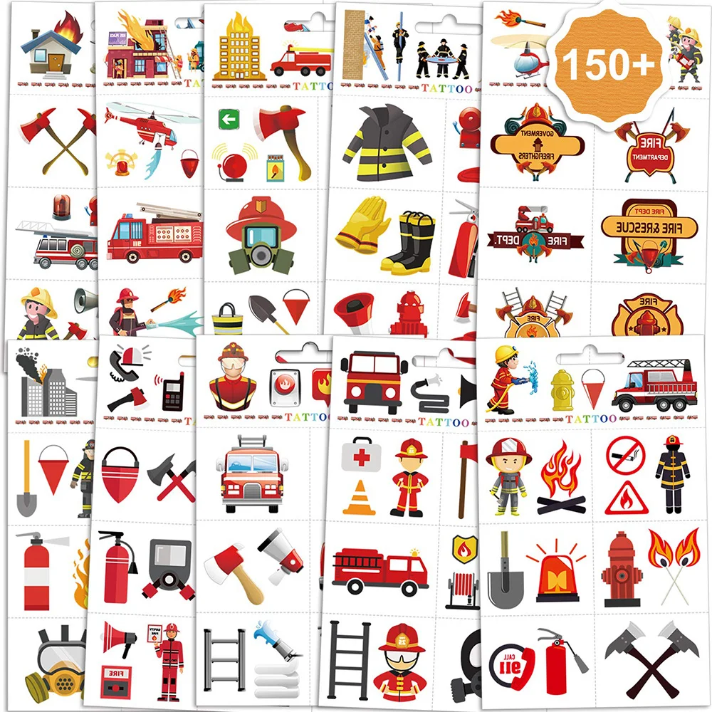 150 Fire Tattoo Set 10Sheets Fireman Sam Birthday Decoration Waterproof Temporary Tattoos Firefighter Theme Party Supplies