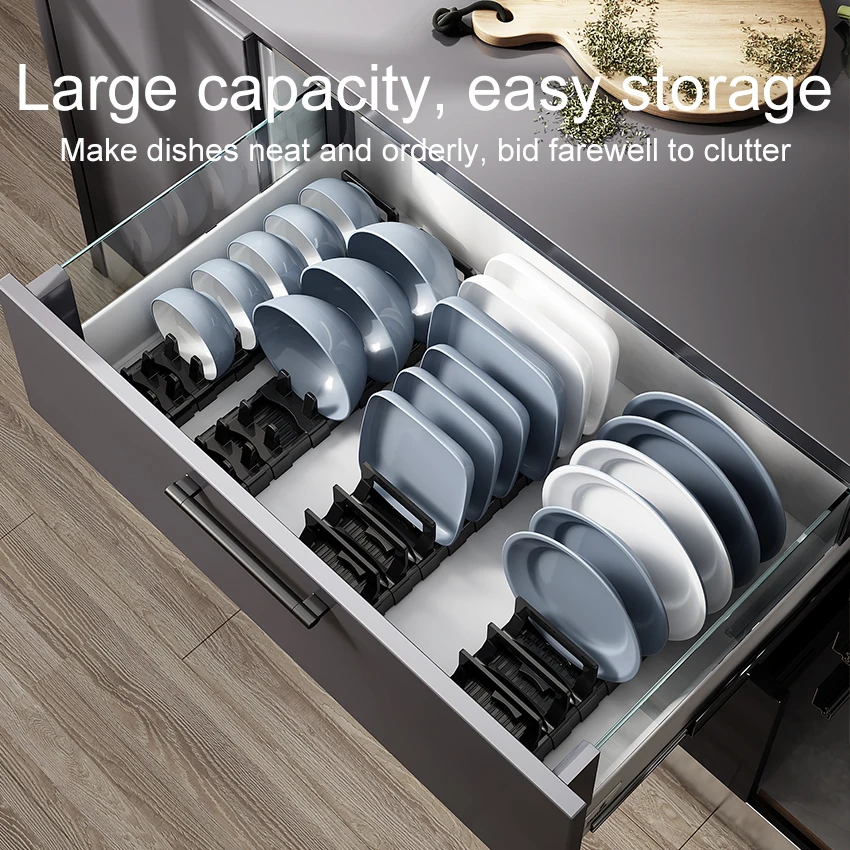 Kitchen Adjustable Dish Rack Under Cabinet Drawer Bowls Plate Storage Holder Retractable Drying Disc Shelf Countertop Organizers