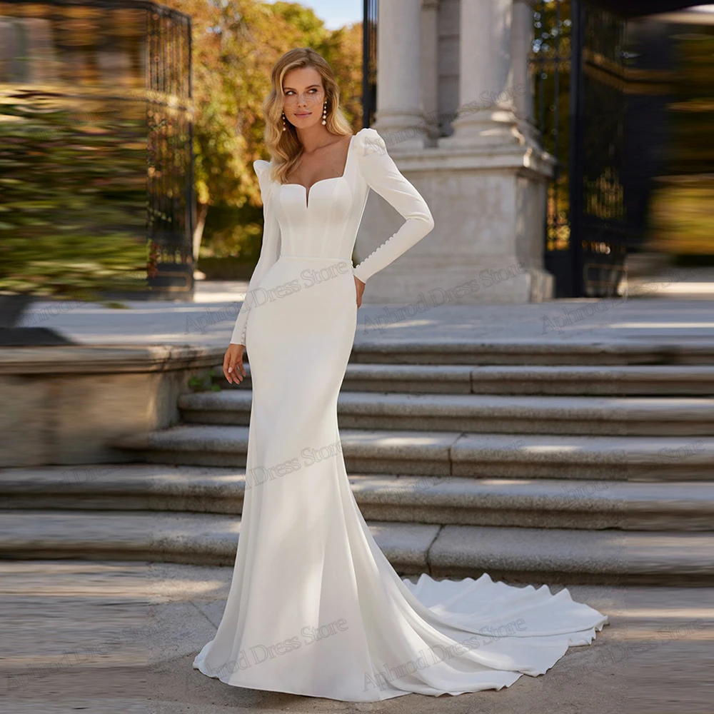 

Modest Wedding Dresses Satin Bridal Gowns Full Sleeves Robes Square Collar Floor Length Glamorous Vestidos De Novia Customized