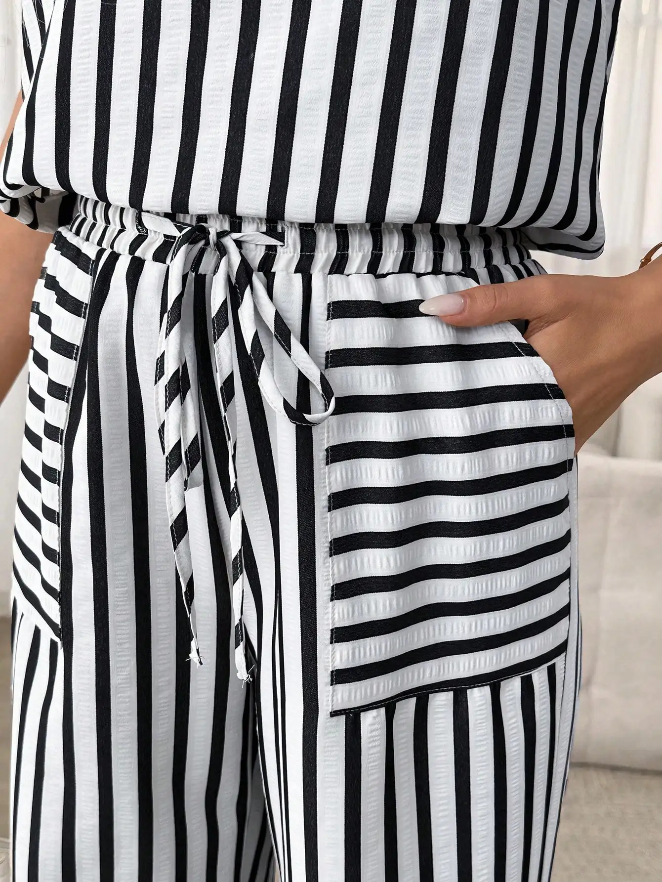 

Casual Striped Sleeveless Two Piece Set With Pockets For Women