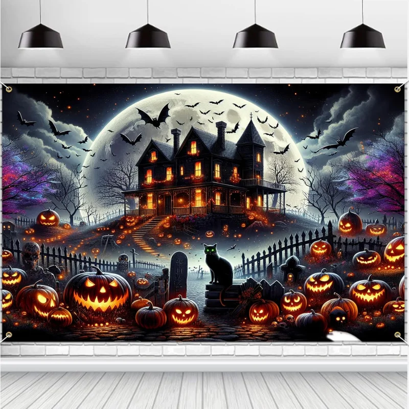 

Horror haunted house pumpkin black cat halloween party background banner decorations