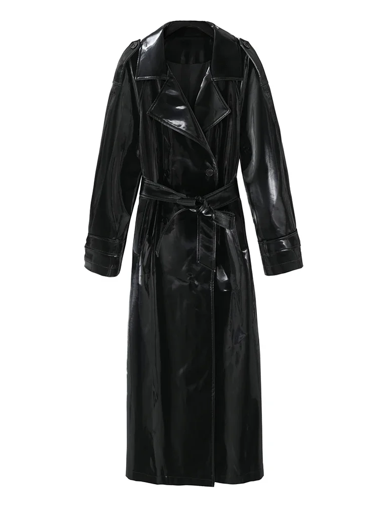 Shiny Patent Leather Turn-Down Collar Trench Coat with Belt for Women, Gothic Faux Latex, PU Long Sleeve Overcoat, Winter Custom