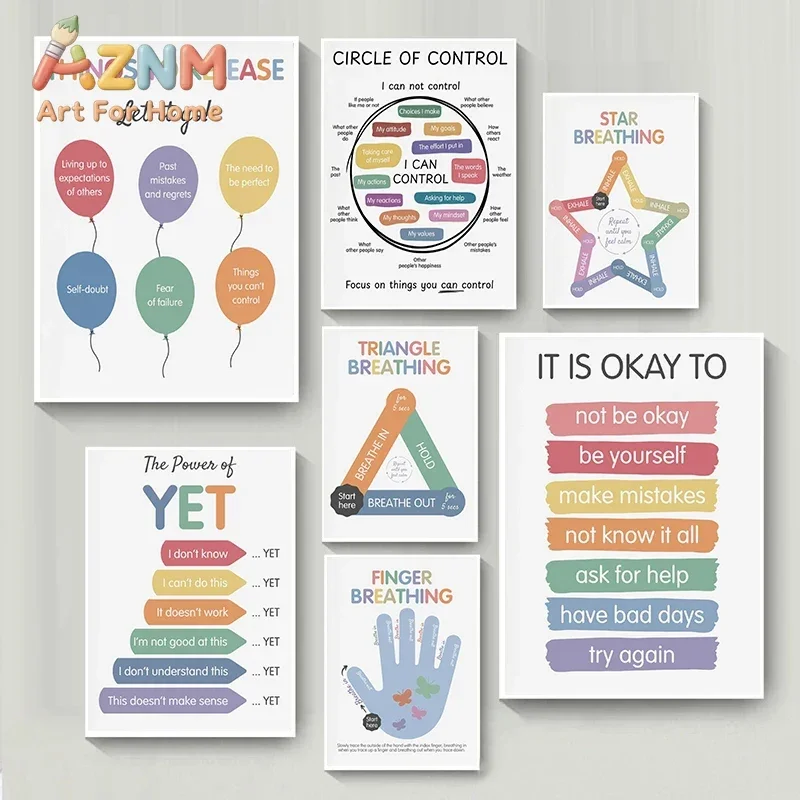 AZNM Frameless Canvas Wall Art Mental Health Positive Affirmation Breathing Guide Print Classroom Playroom Therapy Room Decor Po