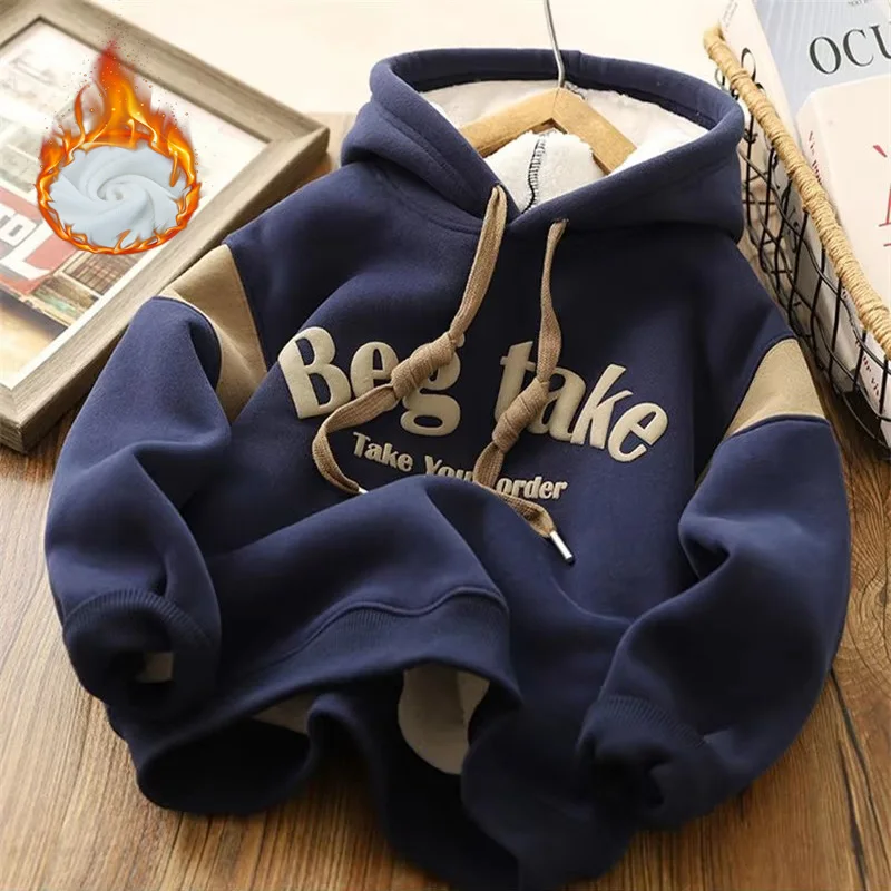 Winter Children Padded Hoodies Boys Plus Velvet Thicken Sweatshirts Big Kids LambWool Warm Tracksuit Teenager Hooded Clothing