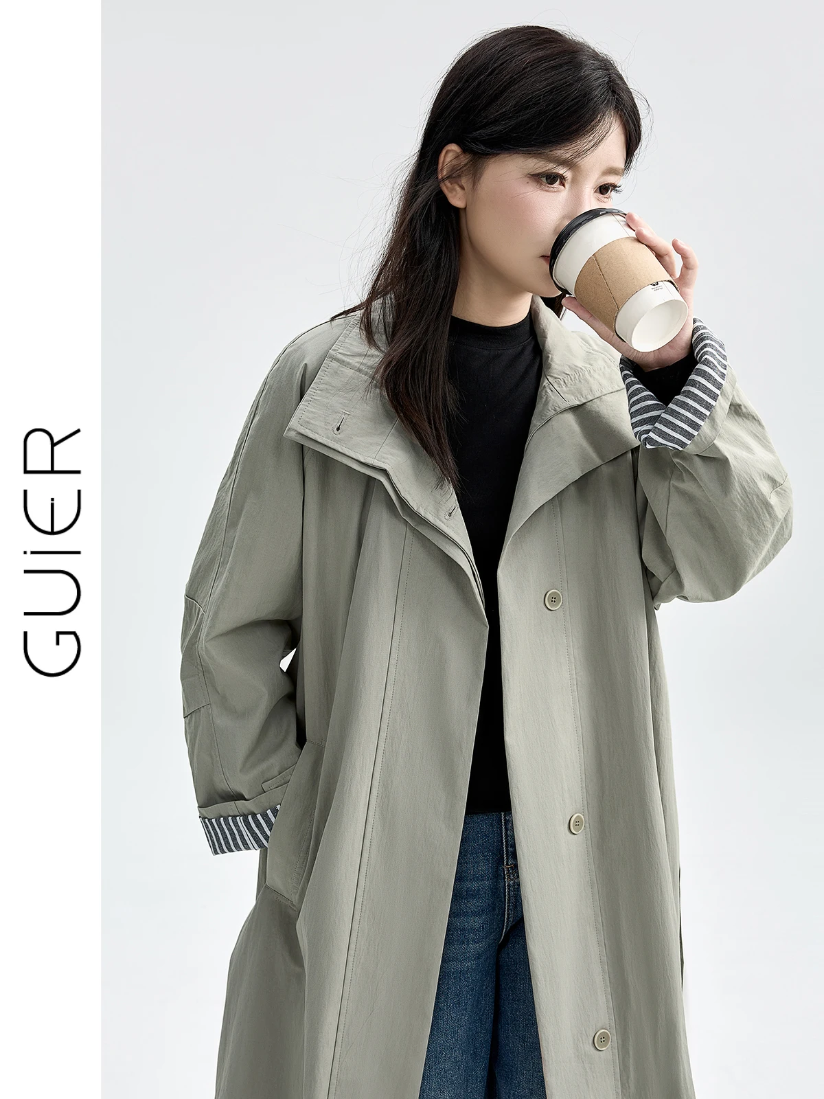 

Guier Long Sve Women's Windbreaker Jaet Loose Fit Striped Splicing Vintage High-End Coat Commute Sle Autumn New Arrival