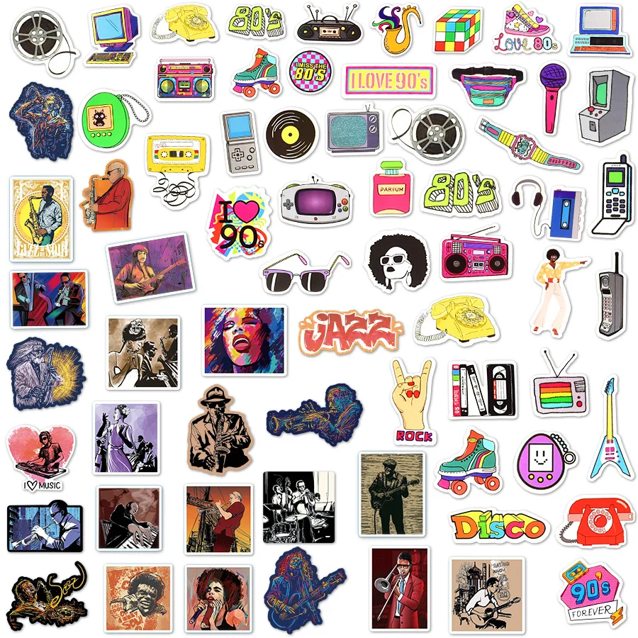 120PCS 80s90s Retro Sticker Jazz Musical Instrument Stickers for Laptop Bike Skateboard Scrapbook Helmet Skateboard Stickers