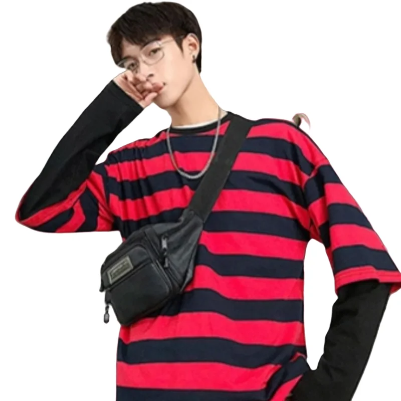 Striped Long-sleeved Female Ins Tide Spring and Autumn Thin Loose Korean Bottoming Shirt Fake Two Lazy Wind Joker Clothes.