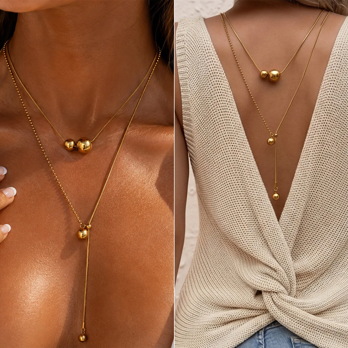 Necklace Adjustable Snake Chain Round Bead Pendant Tassel Stainless Steel High Quality Elegant Women for Vacation Beach