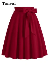 Tonval Belted A Line Vintage Style Solid Skirt for Women Summer Pockets Side Elegant Knee-Length Swing Skirts