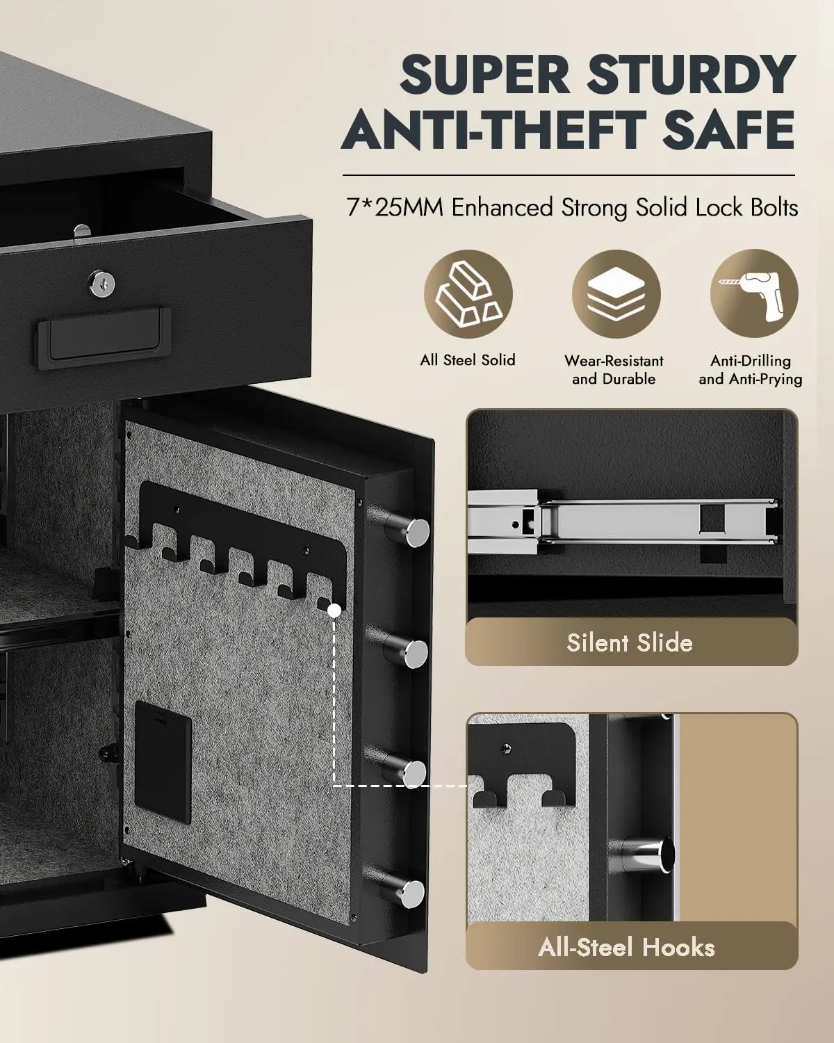 صندوق أمان 5.1Cuft مقاوم للحريق ومقاوم للماء مع درج، 3 طرق لفتح، تنبيه الاهتزاز والوضع الصامت، مقاوم للماء آمن للمنزل، من