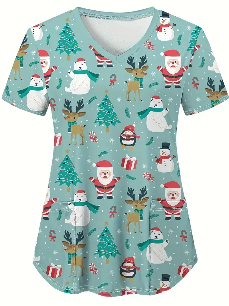 Christmas Scrub Medical Woman Snowman Cartoon Print Vet Nursing Tops V-Neck Short Sleeve Patch Pocket Medical Scrubs for Women