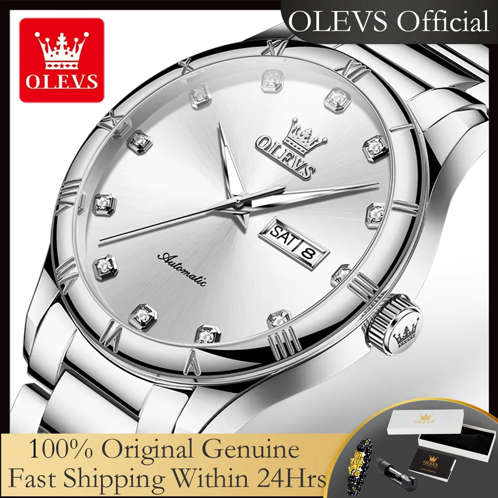 

OLEVS 7030 Top Luxury Men's Watches Stainless Steel Dual Calendar Diamond Scale Classic Business Automatic Mechanical Wristwatch