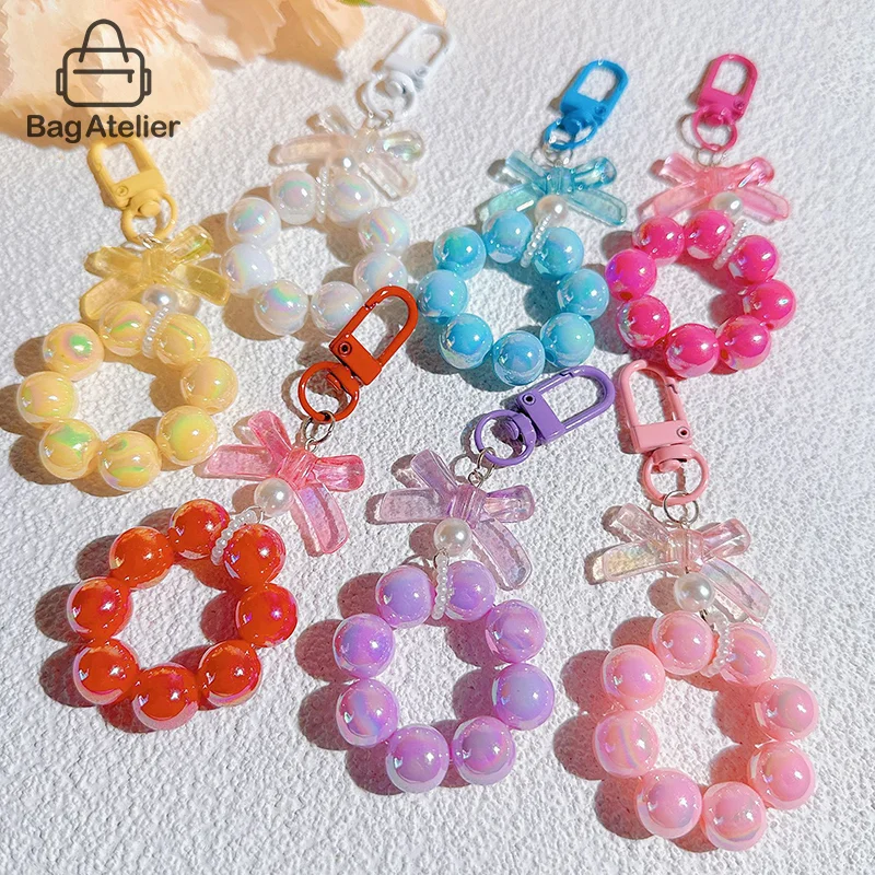 Fashion Candy Bow Heart Bag Charm Keychain Women's Sweet Double Bead Bow Backpack Pendant Cute Cell Phone Jewelry