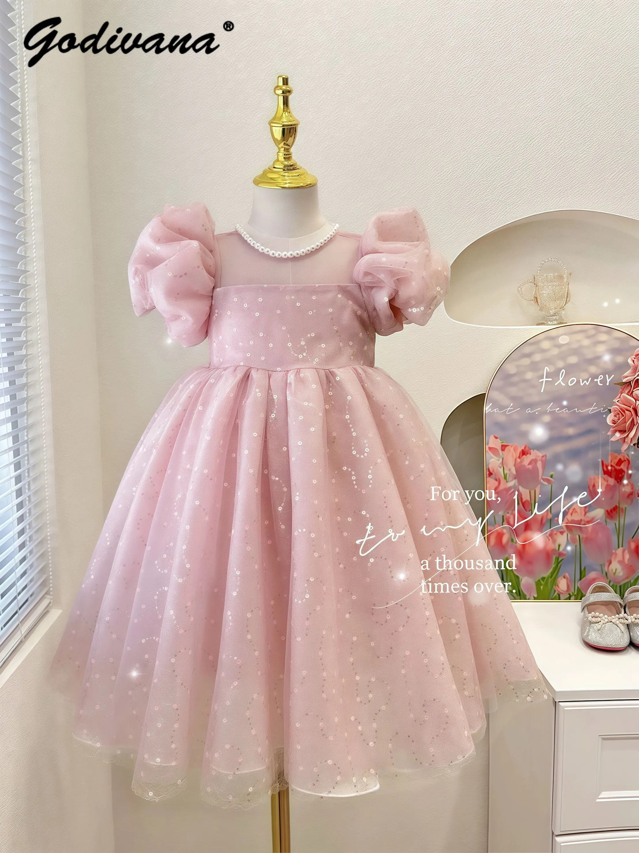Sweet Baby Girls Summer New Princess Dress Kids Fashion Puff Sleeve Sequined Pearl Collar Flower Girl Birthday Party Ball Gown