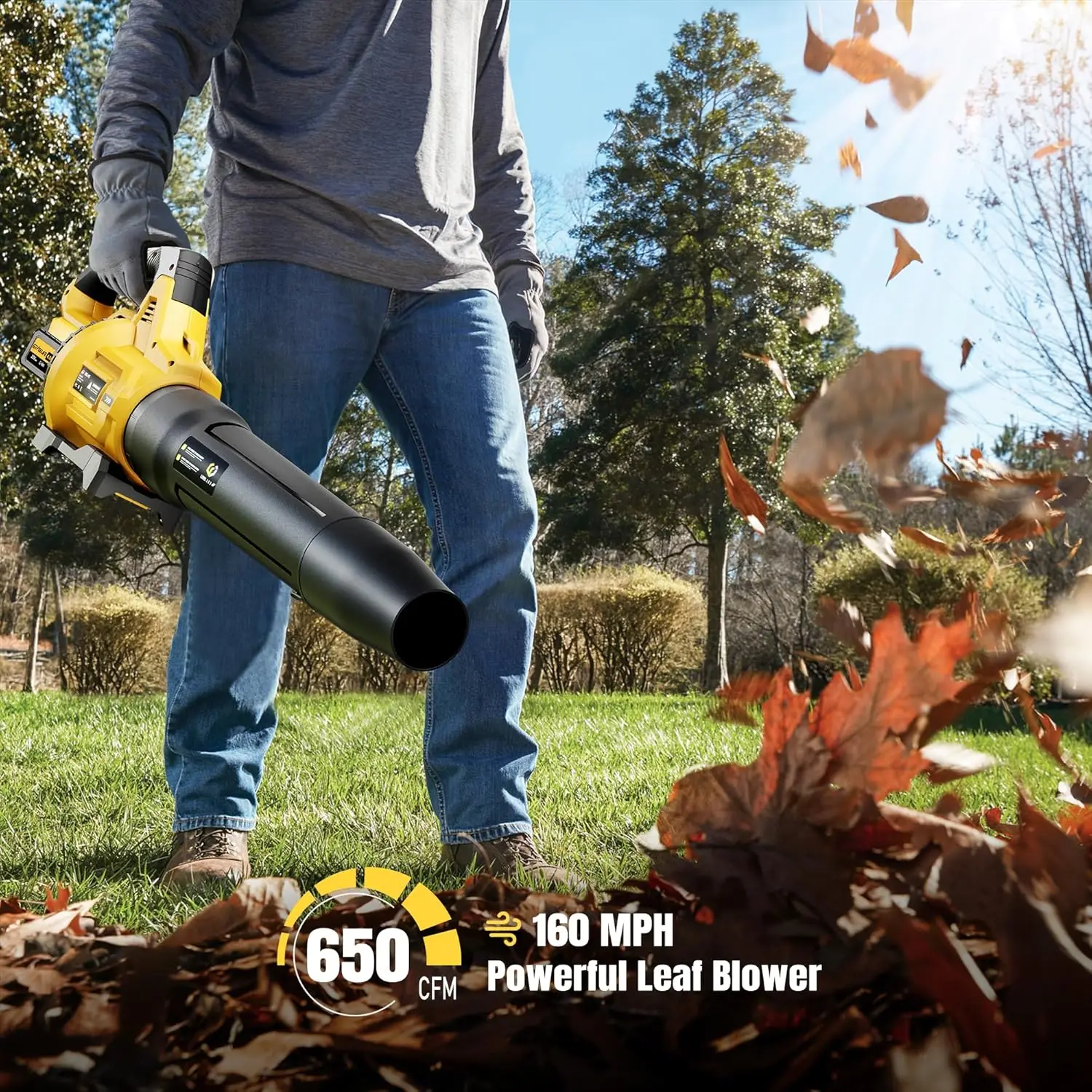 Blower Cordless, 650CFM & 3 Speed Levels, Electric Cordless Leaf Blower with 2 * 4.0Ah Battery Powered, Blowers for Lawn Care, Y