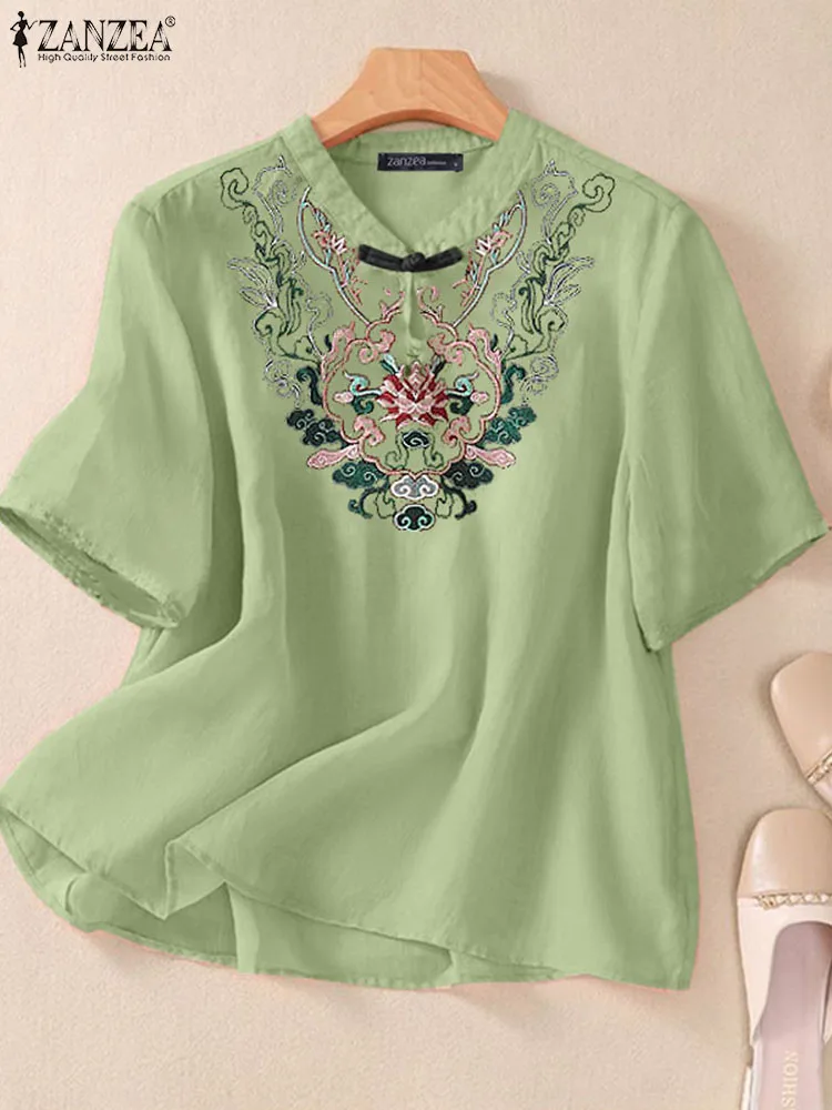 

ZANZEA Fashion Summer Shirts Women Casual Vintage Blouses 2025 Stand Collar Embroidery Tops Loose Short Sleeve Blusas Streetwear