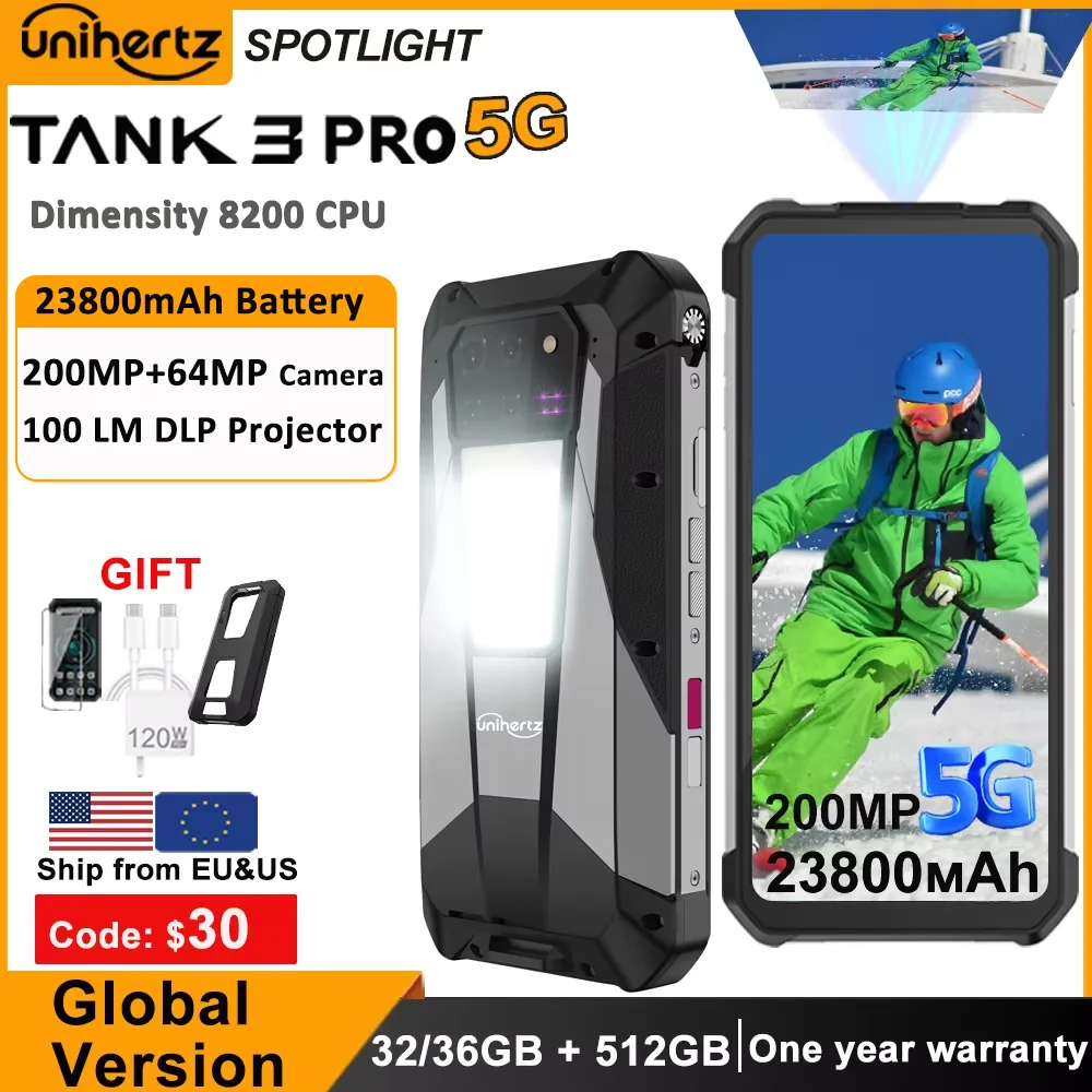 

Unihertz Tank 3 Pro 8849 Rugged Smartphone android 5G with 100 Lumens Projector 32/36GB 512GB 23800mAh Waterproof 200MP phones