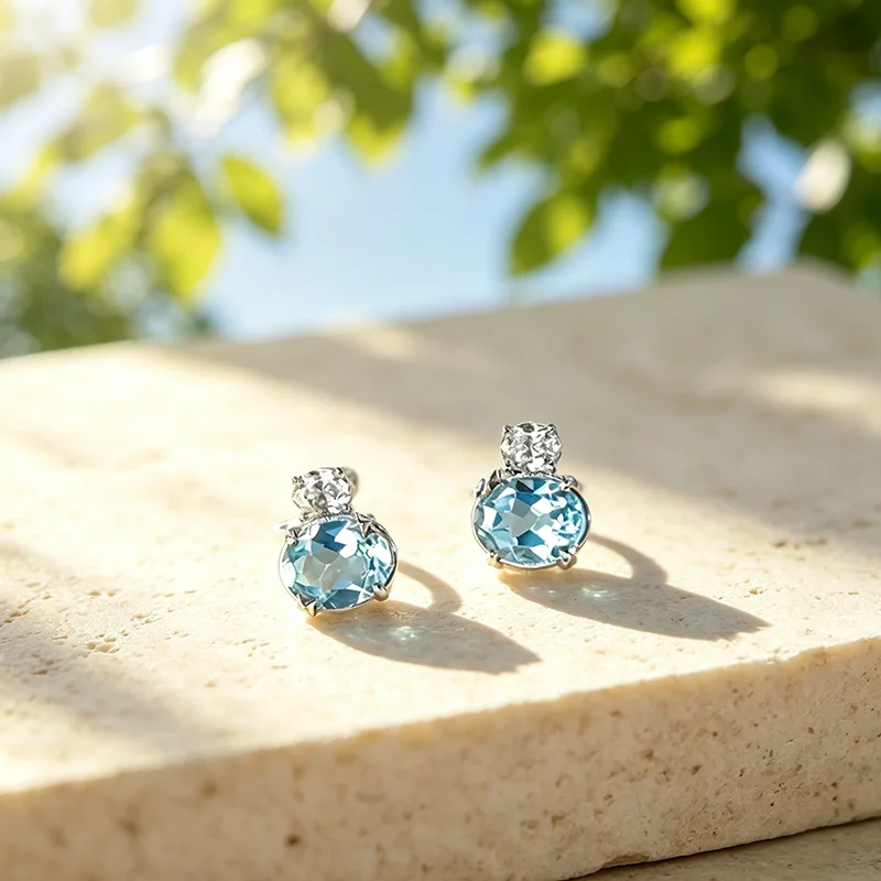 Luxury Simple Blue CZ Stud Earrings for Women Low-key Daily Wear Ear Jewelry Accessories Suitable for Teens And Ladies