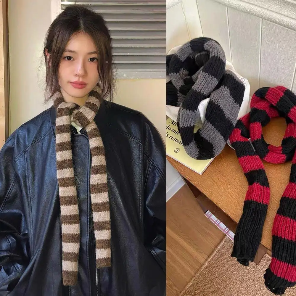 Y2k أسود رمادي شريط الأوشحة الطويلة النساء Harajuku القطن والأوشحة أبيض وأسود مخطط وشاح رقيقة طويلة الزخرفية منديل