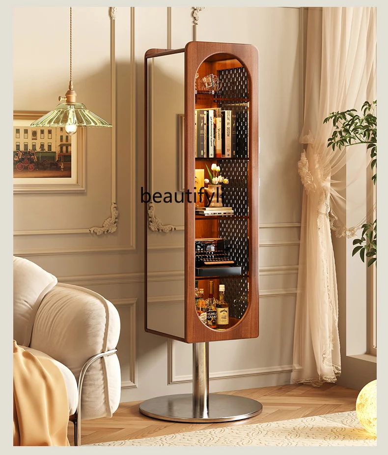 

Retro Solid Wood Dressing Mirror Home Bedroom Rotating Wire-Wrap Board Full-Length Mirror Floor Full Body Mirror Cabinet