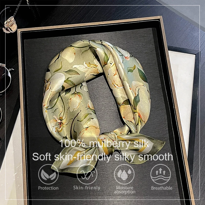 

53Cm Floral 100% Pure Silk Scarf for Women Mulberry Silk Elegant Bags Handle Tie Square Scarf Shawl Wraps Hair Band Bandana