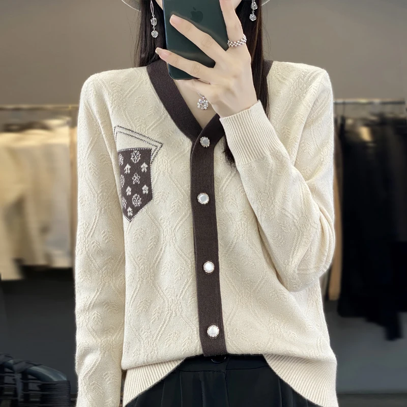 Cardigan de caxemira feminino, suéter com o pescoço, jaqueta solta, cardigan de malha monocromática, 2023