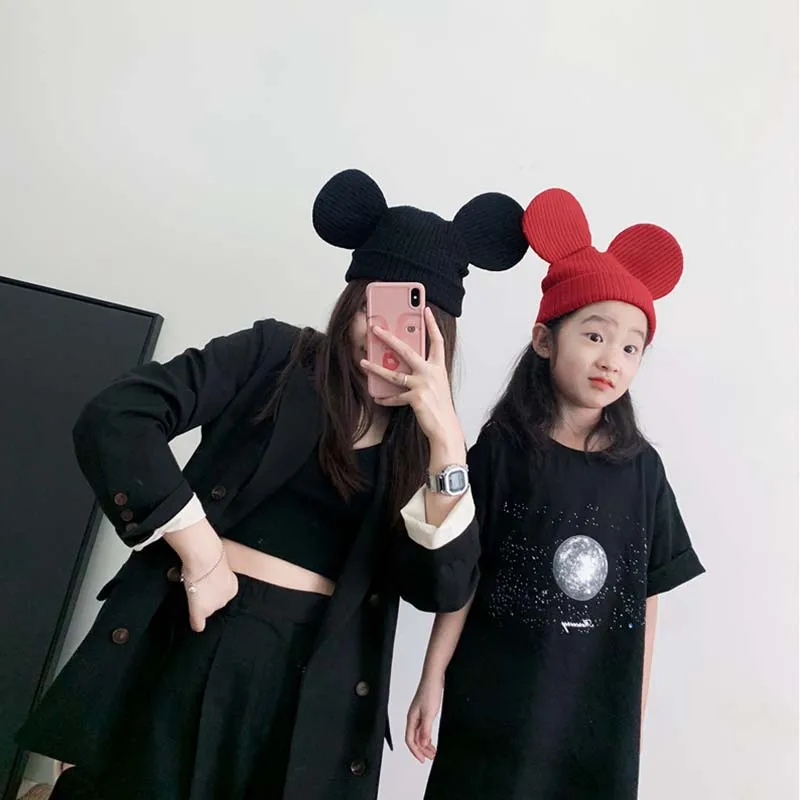 Disney Mickey Mouse Winter Parent-Child Knitted Hat Mother Boy Girl Skullies Beanies Autumn Warm Adult Kids Caps Big Ears Hat