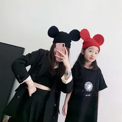 Chapéu de malha Disney-Mickey Mouse para pai-filho, bonés quentes, orelhas grandes para adultos e crianças, caveiras de menino e menina para outono e inverno