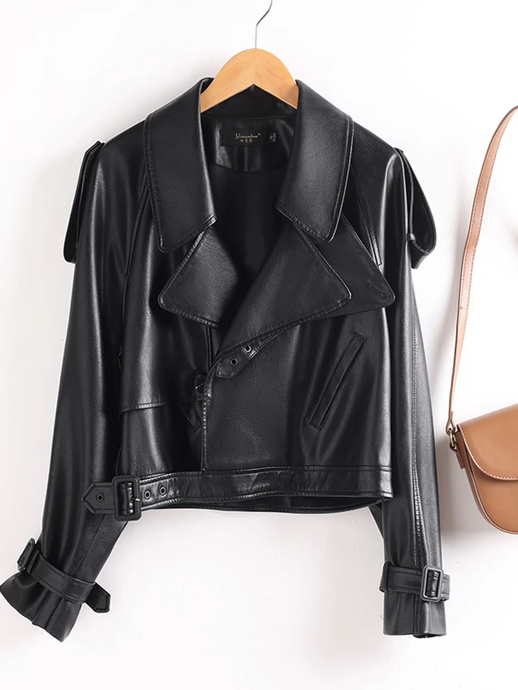 Real Leather Biker Jaet Women's ort Sle Spring Autumn Loose Fit High End eepskin Coat Commute Faion oulder Pads