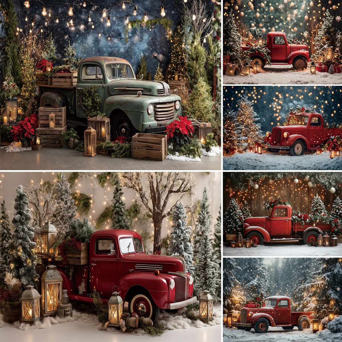 

Winter Christmas Vintage Truck Photography Background Night Snow Scenery XMAS Tree Children Portrait Indoor Shoot Backdrop Decor